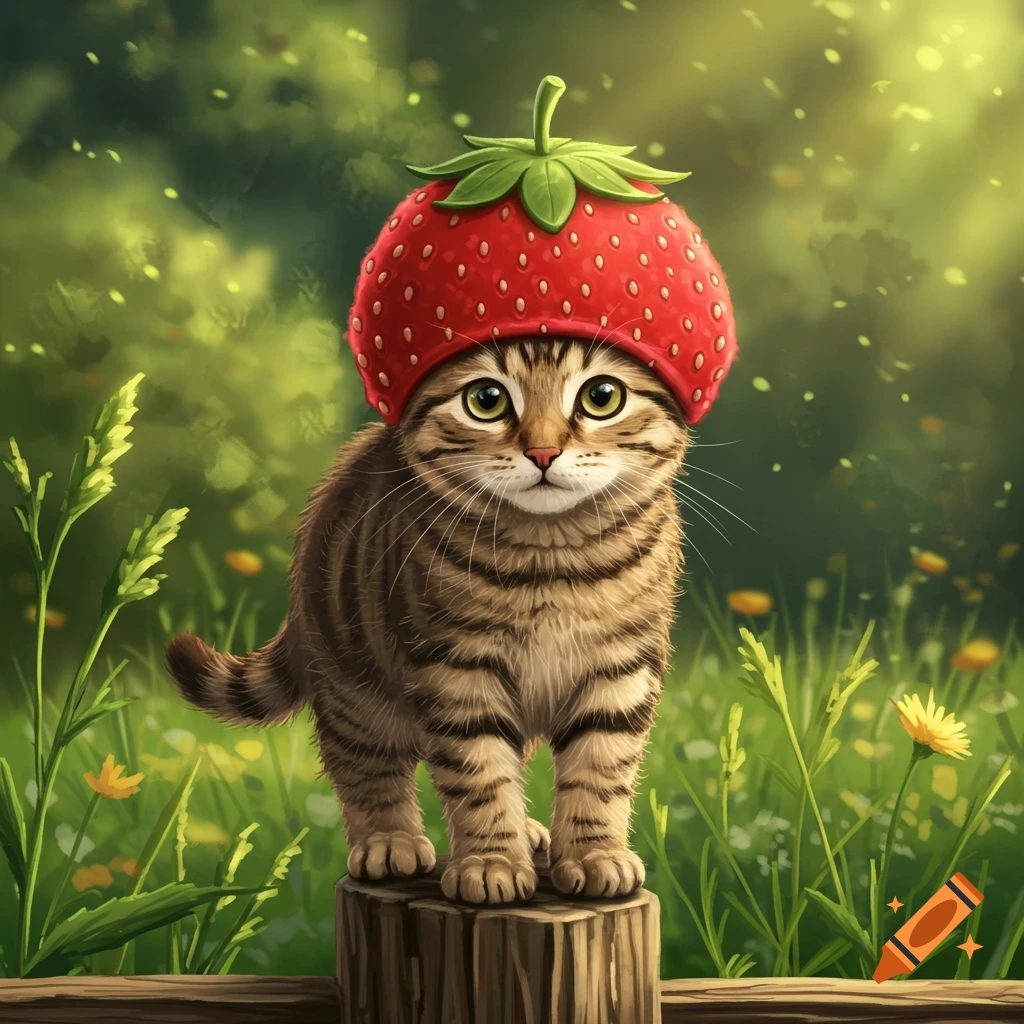 An adorable tabby kitten wearing a red strawberry beanie stands on a wooden post in a sunny, green outdoor illustration.