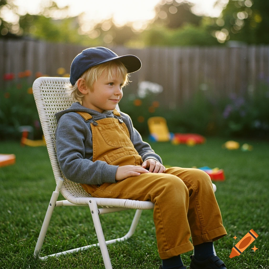 Blond boy in blue cap, grey hoodie, and mustard overalls sits in a white lawn chair in a grassy backyard at sunset.