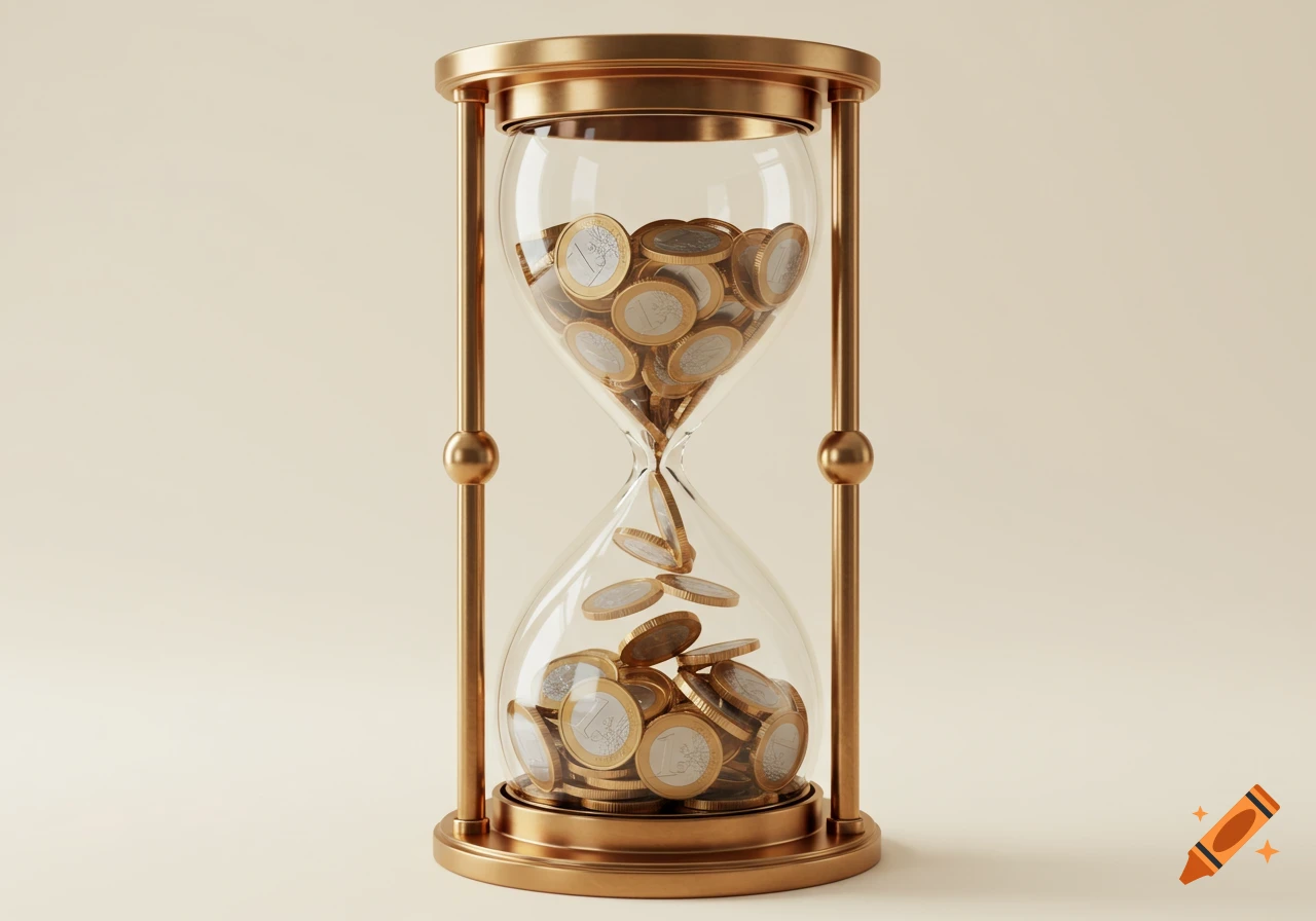 A golden hourglass with euro coins falling inside, set against a cream background.