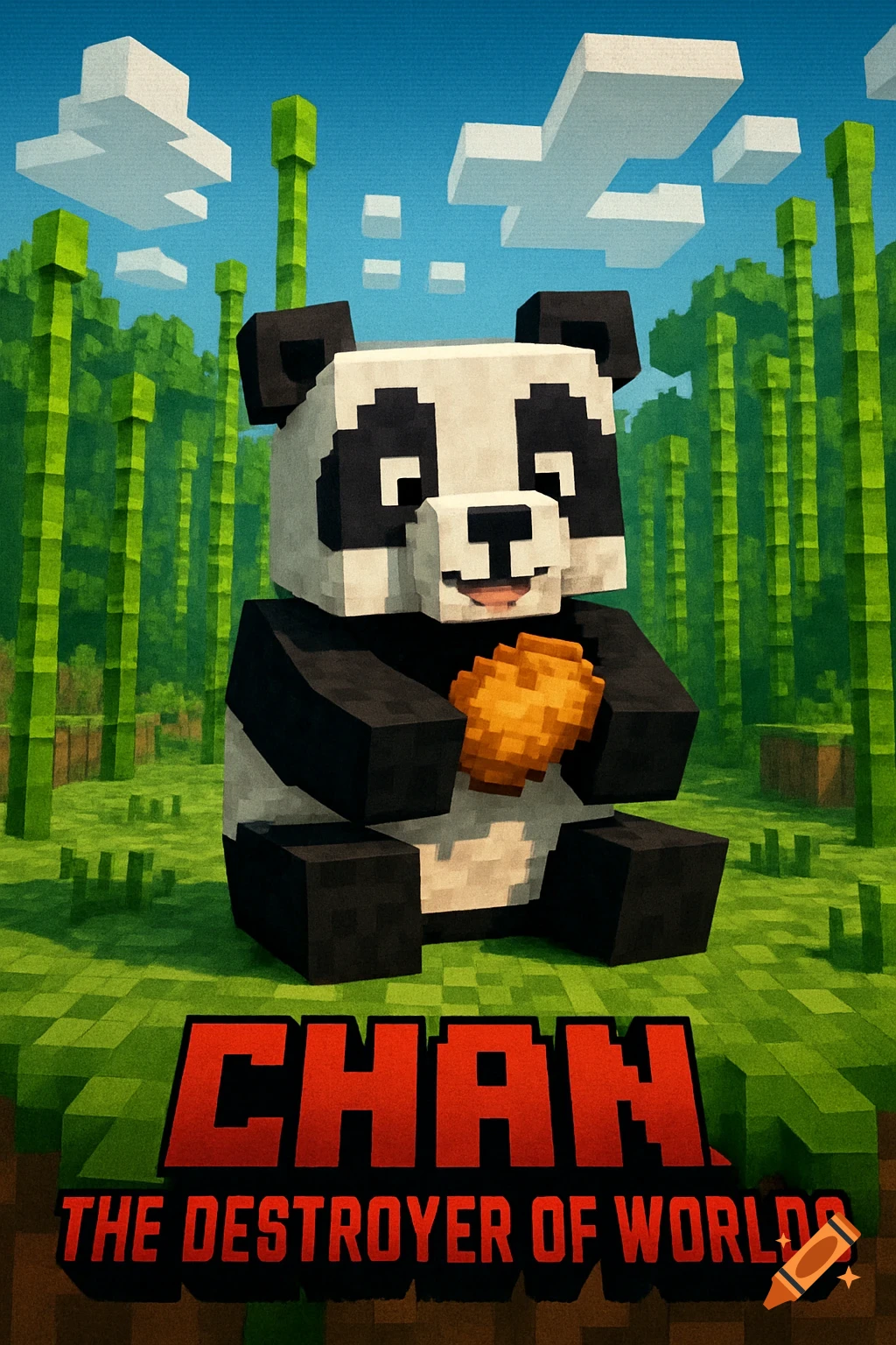 A blocky baby Minecraft panda holds a potato in a bamboo forest, with 'CHAN: THE DESTROYER OF WORLDS' text below.