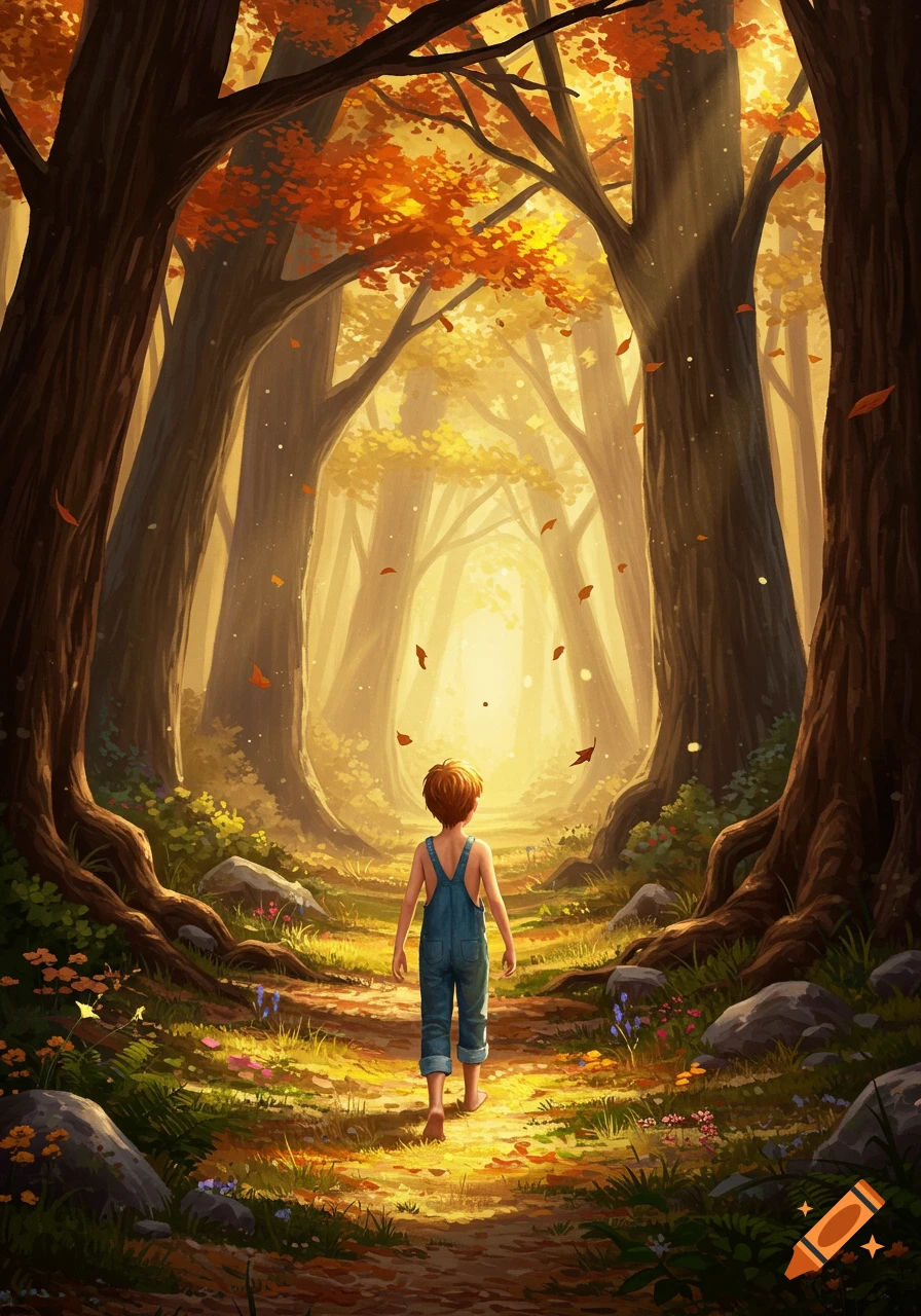 A young boy in overalls walks barefoot down a sunlit path through a vibrant autumn forest, depicted in an illustrative style.