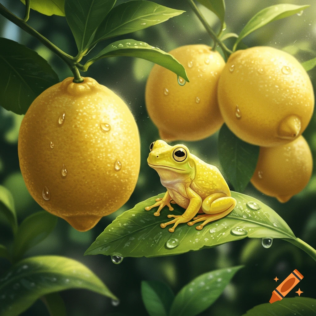 A vibrant yellow frog sits on a green leaf covered in water droplets, surrounded by yellow lemons on a branch, also with droplets.