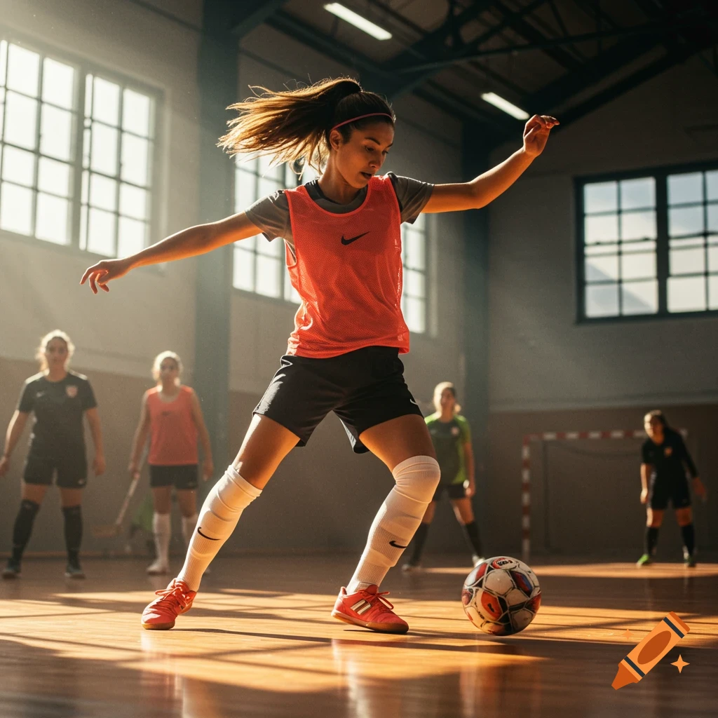 A young woman in a red bib dribbles a futsal ball on a wooden court, with other players in the background. Photorealistic style.