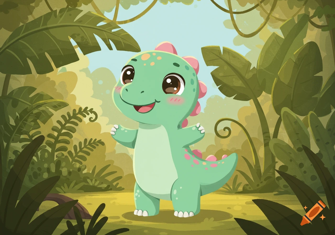 A cute, green cartoon dinosaur with pink spines and spots smiles cheerfully in a lush jungle with large leaves and vines.