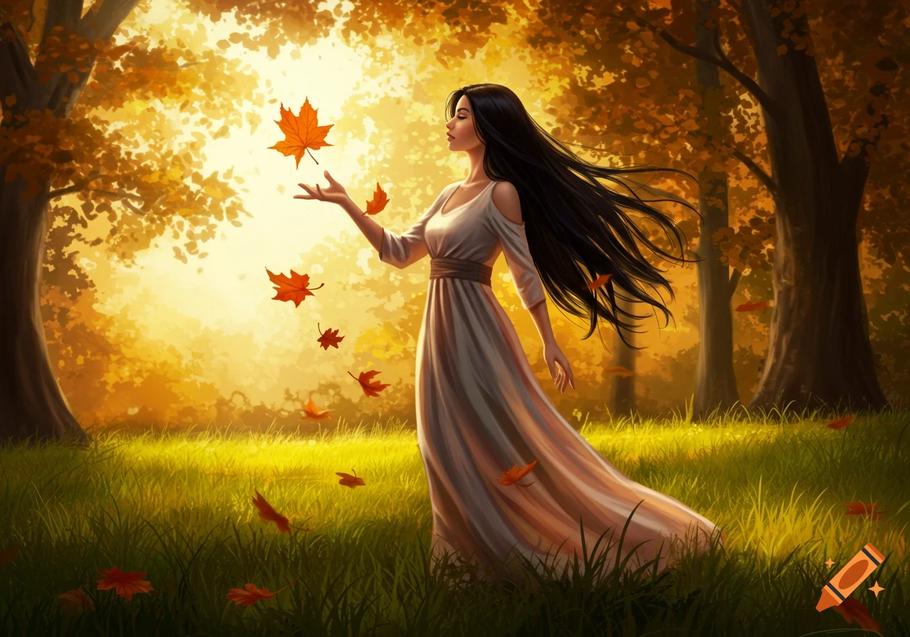 A woman with long dark hair in a flowing white dress stands in a golden autumn forest, with orange maple leaves floating around her outstretched hand in a beautiful digital illustration.