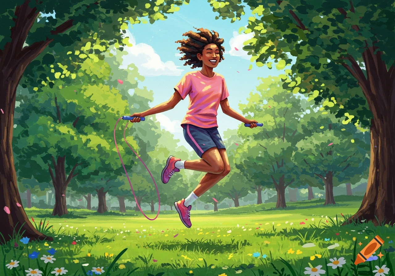 An energetic person with dreadlocks skips rope in a sunny park filled with green trees and flowers, in a vibrant illustration style.