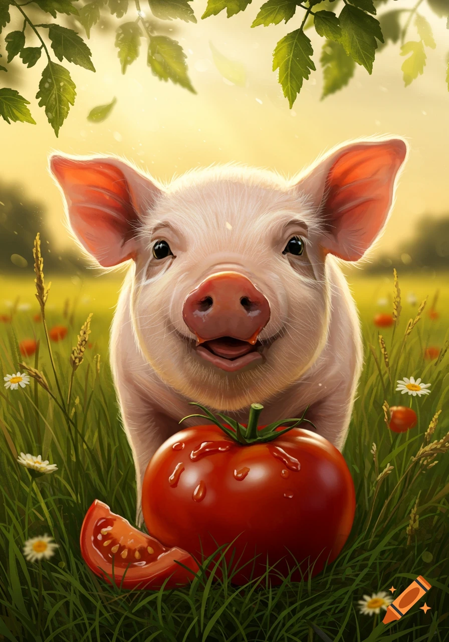 A cute, smiling piglet peeking over a red tomato in a sunny, grassy field with wildflowers, digital art.