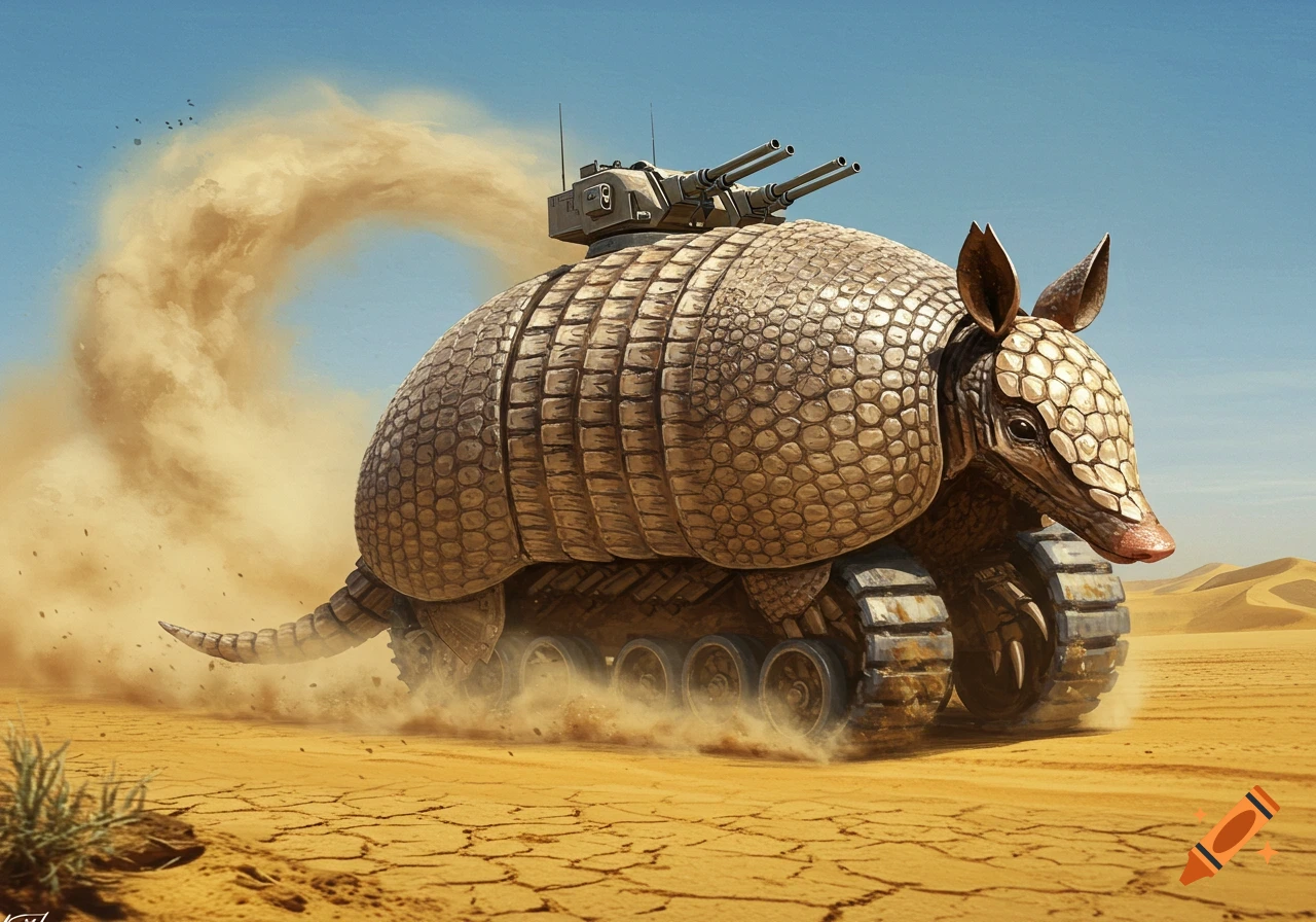 A photorealistic armadillo tank with a turret on its back races through a cracked desert, kicking up dust.