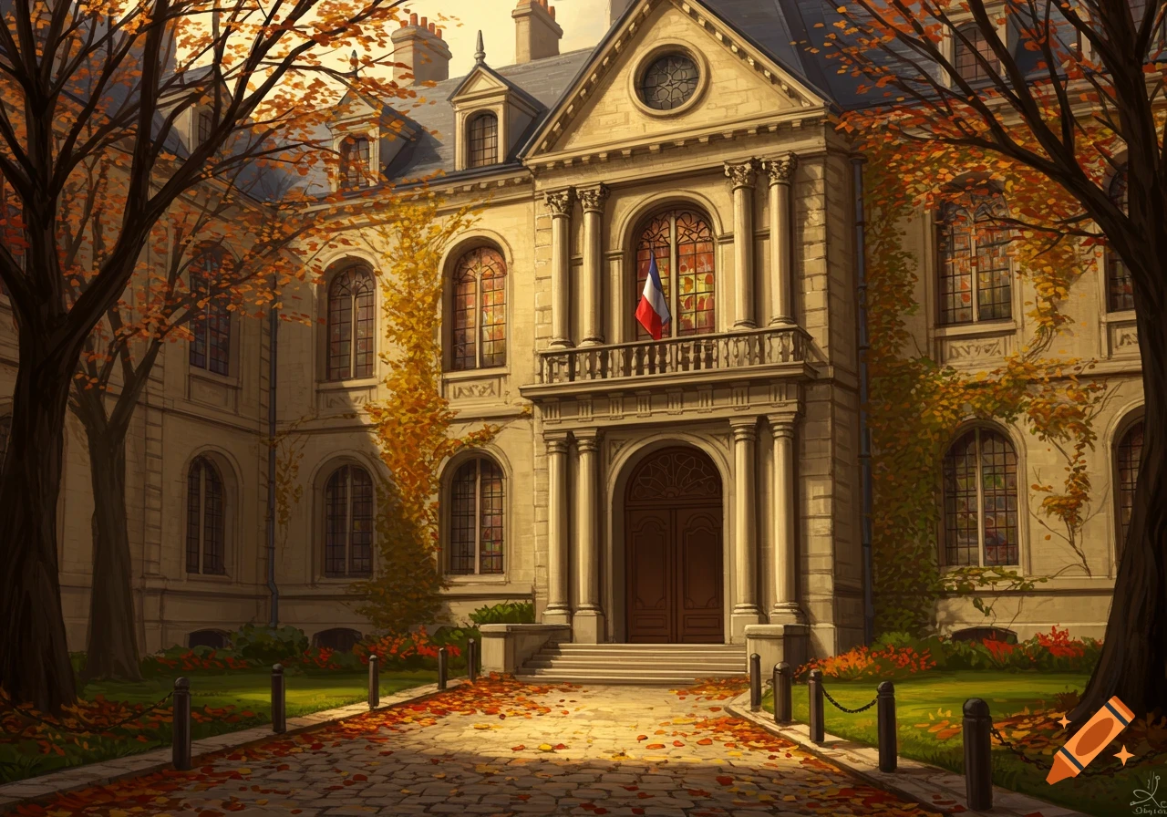 A grand classical building with a French flag on a balcony, surrounded by autumn trees and leaves, digital painting.