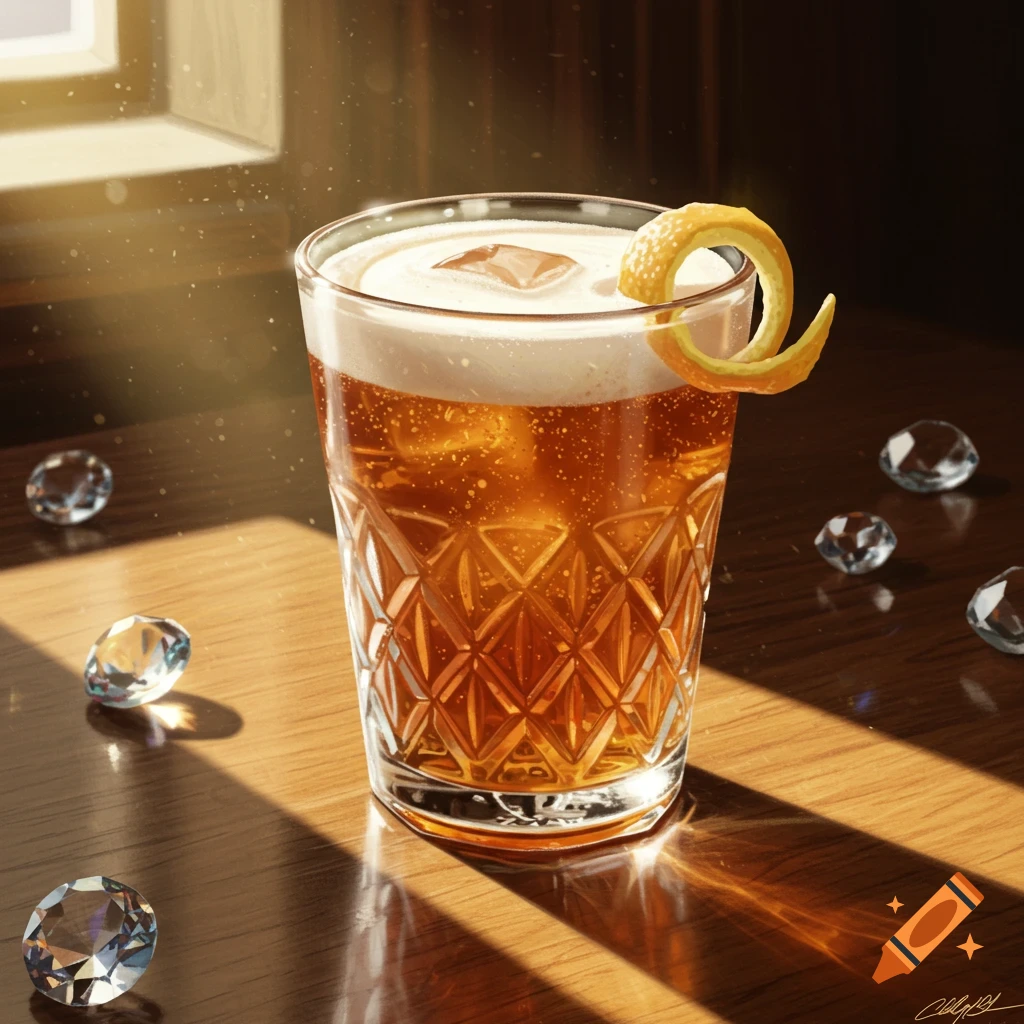 A close-up of a frothy cocktail in a textured glass with an orange peel, ice, and clear gems on a sunlit wooden table.