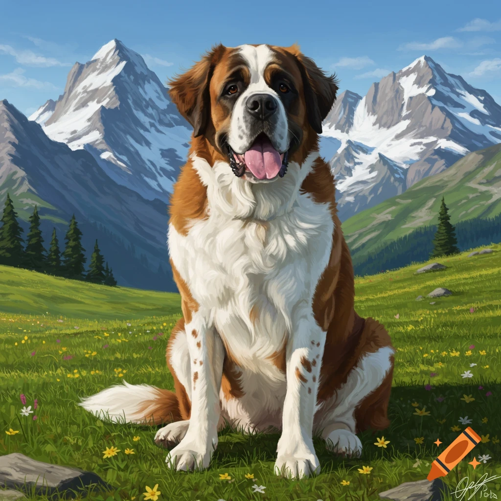 A happy St. Bernard dog sits in a vibrant green meadow with wildflowers, set against a backdrop of snow-capped mountains and a clear blue sky.