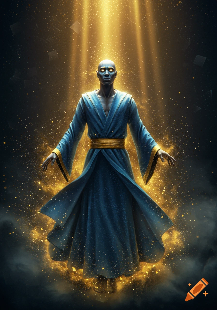 A mystical, dark-skinned, bald figure in a blue robe with a gold sash stands engulfed in radiant golden light and sparkling particles.