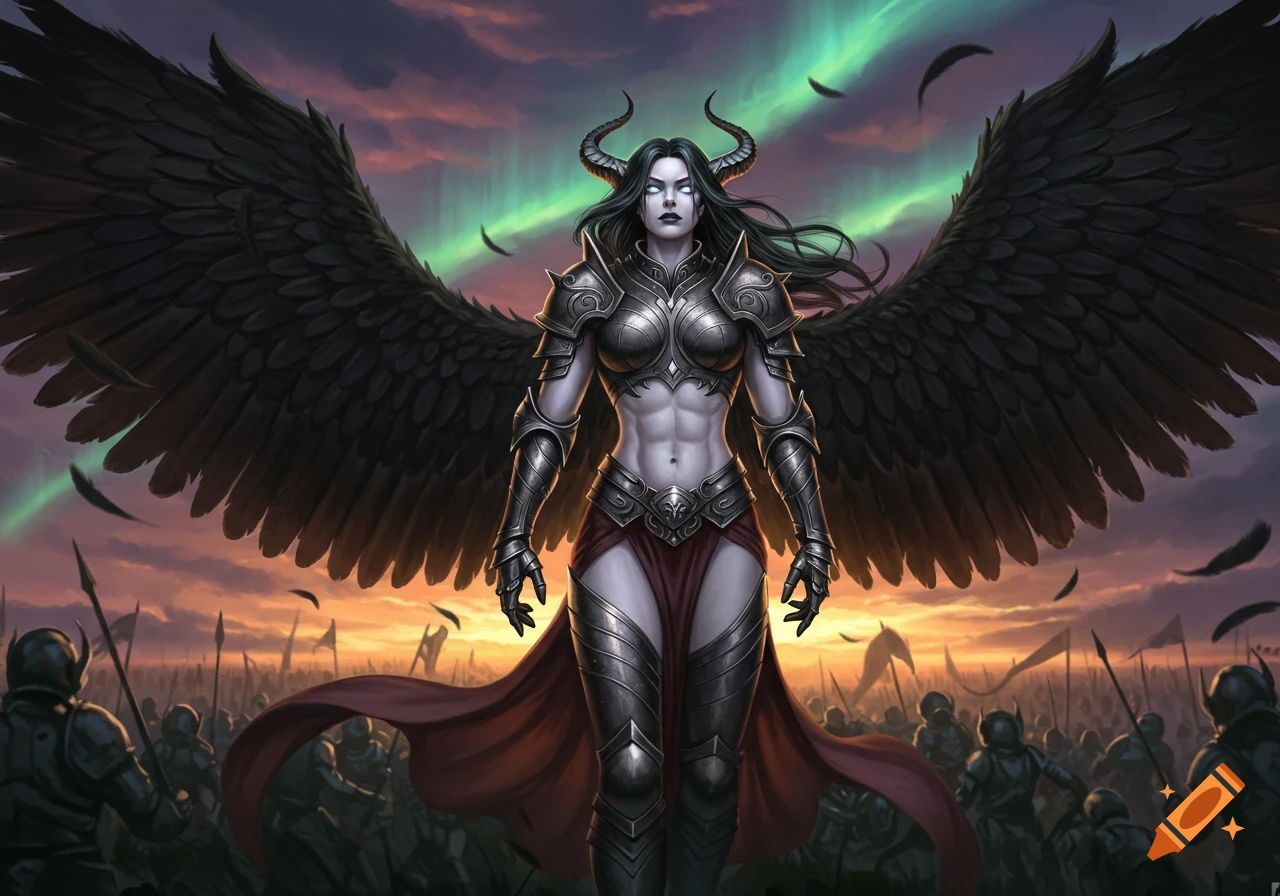A powerful dark angel warrior with black wings, horns, and glowing eyes stands armored before an army under a twilight sky with a green aurora.