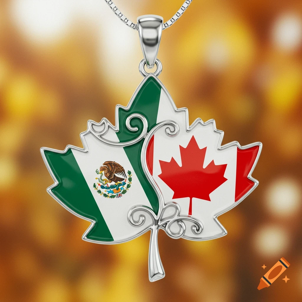 A silver maple leaf pendant featuring the flags of Mexico and Canada on a blurred warm background.