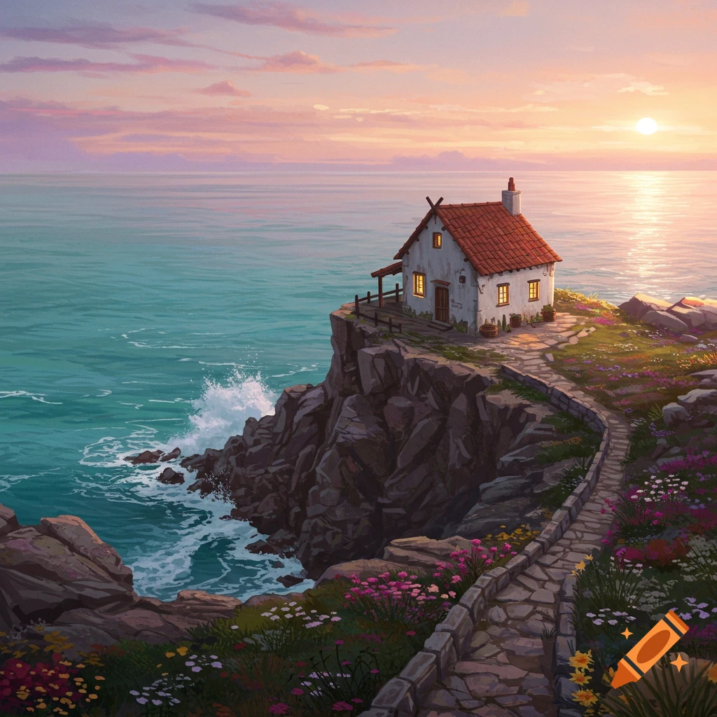 A charming house on a cliff overlooking the ocean at sunset, with a winding path and wildflowers in a painterly style.