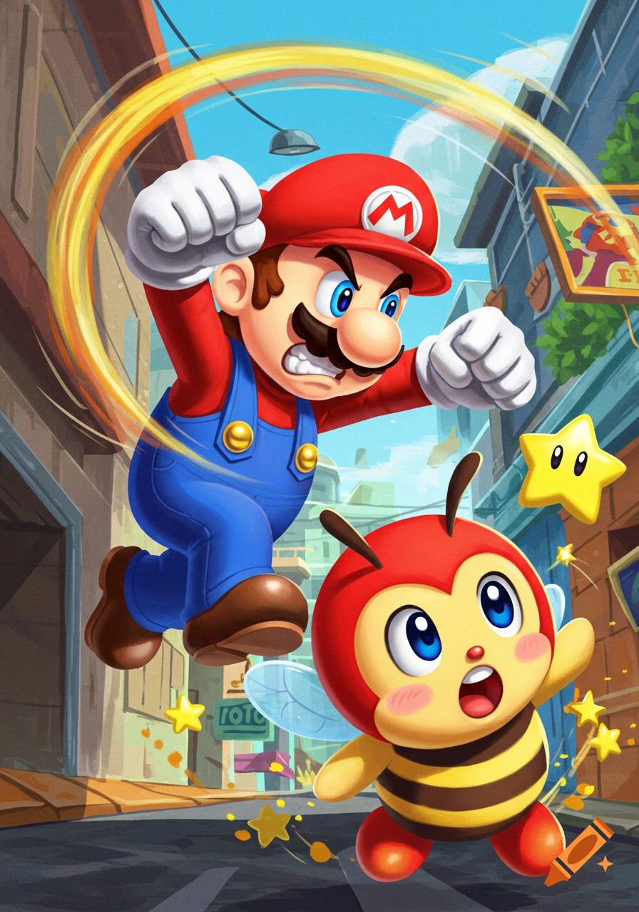 Mario jumps with a fierce expression to punch a cute bee character, surrounded by stars and a blur of motion, in a vibrant cartoon street.
