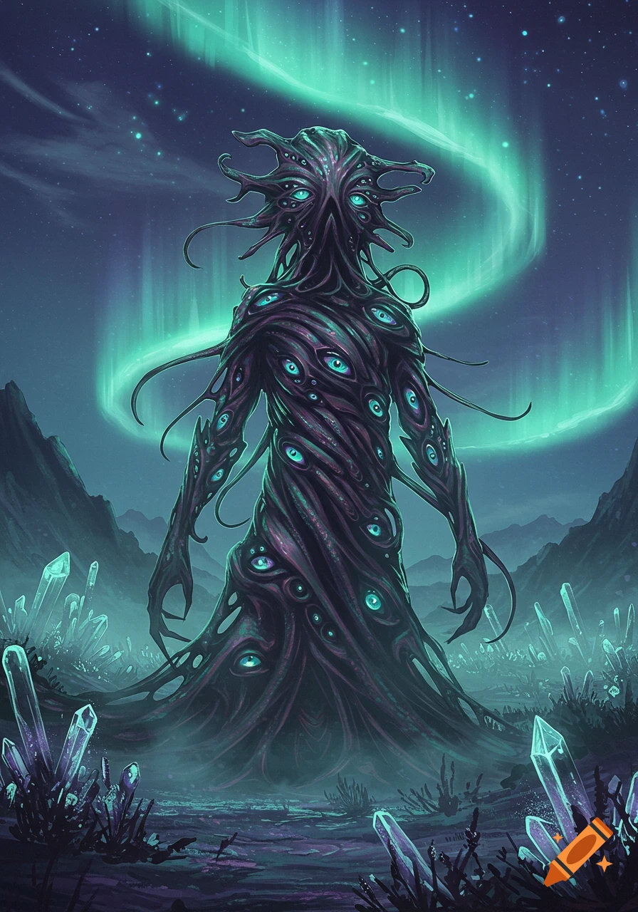 A dark, tentacled monster covered in many glowing blue eyes stands among glowing crystals under a vibrant aurora borealis sky.