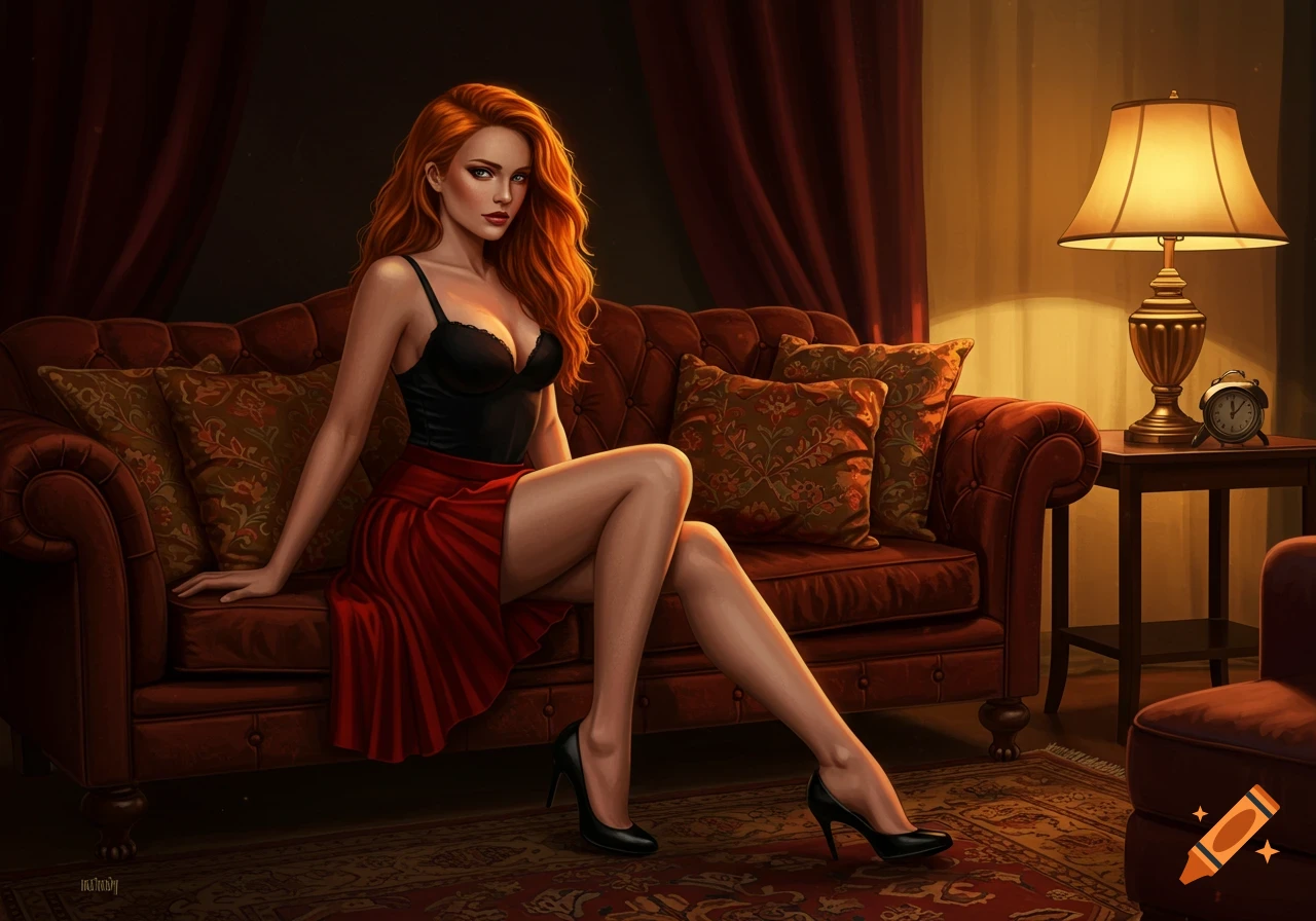 A digital painting of a red-haired woman in a black top and red pleated skirt sitting on a brown couch with her legs crossed.