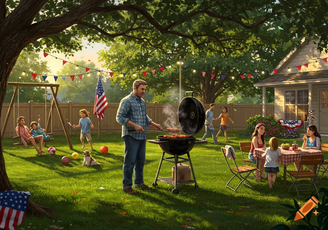 An illustrated family barbecue in a sunny backyard with an American flag, children playing, and a man grilling.