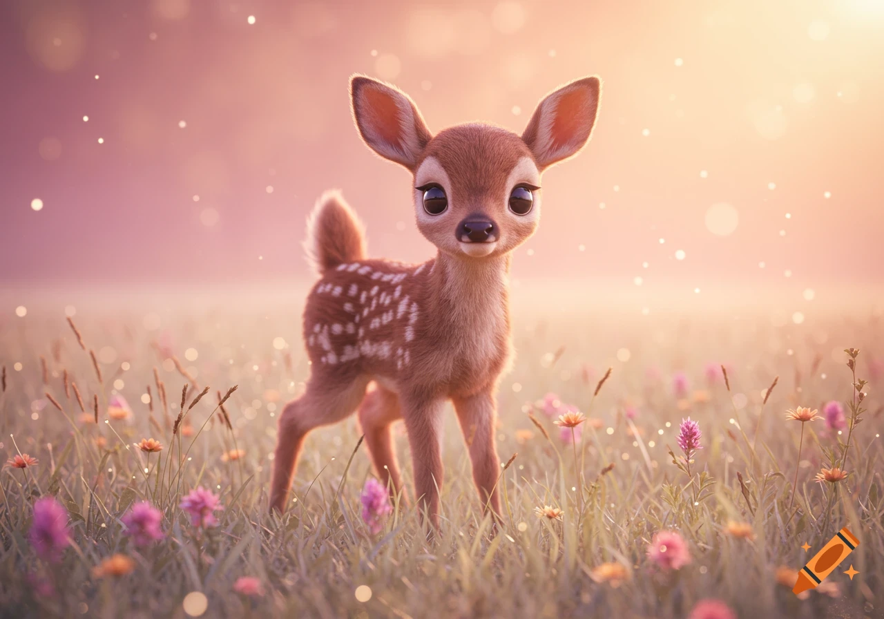 A cute, big-eyed fawn with white spots stands in a field of wildflowers with a soft, glowing, pink-orange background.