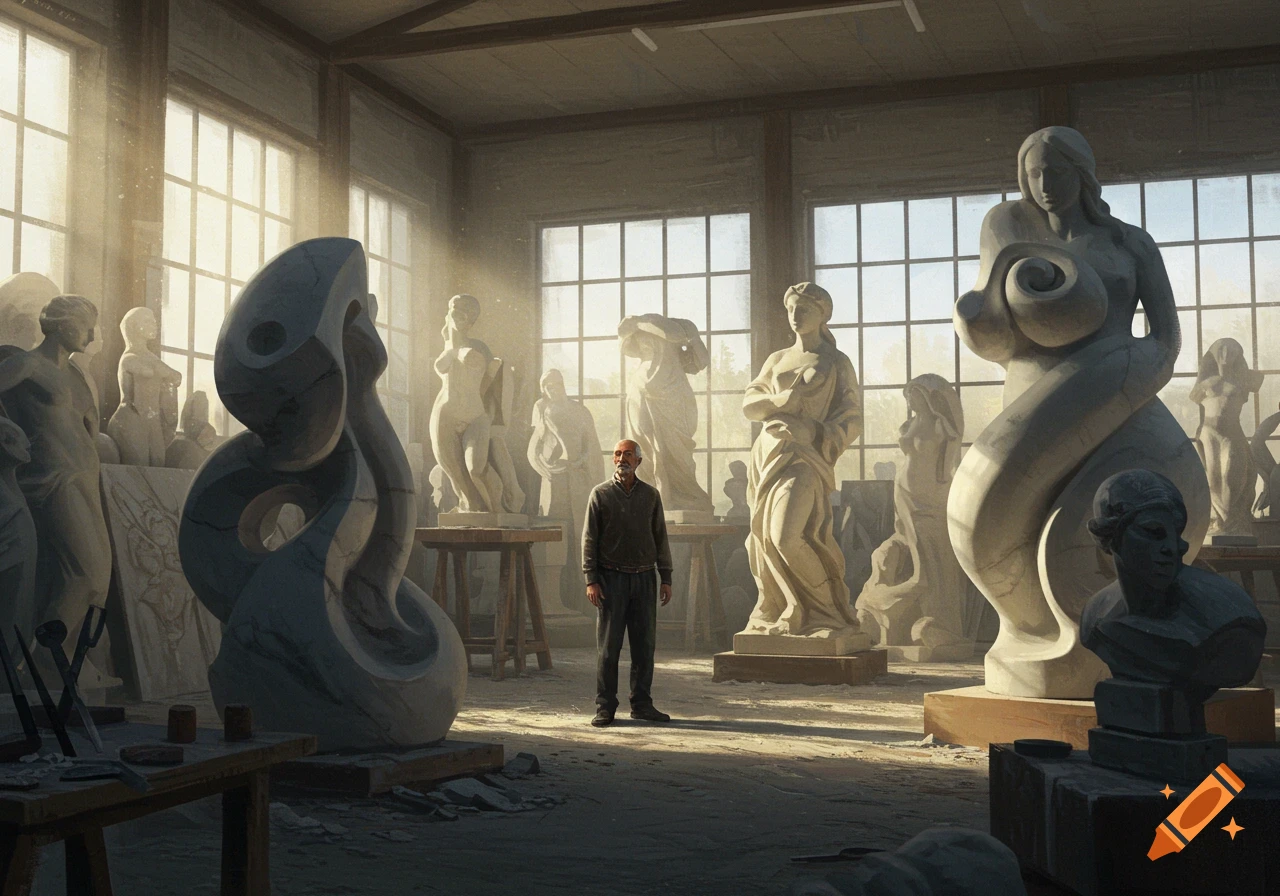 An old sculptor stands in a brightly lit art studio surrounded by numerous stone sculptures, including several classical nude figures and abstract forms.