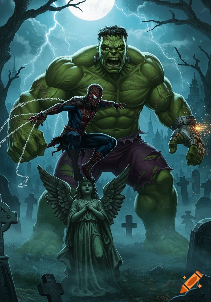 Spider-Man and Frankenstein Hulk in a spooky graveyard under a full moon with lightning, comic art.