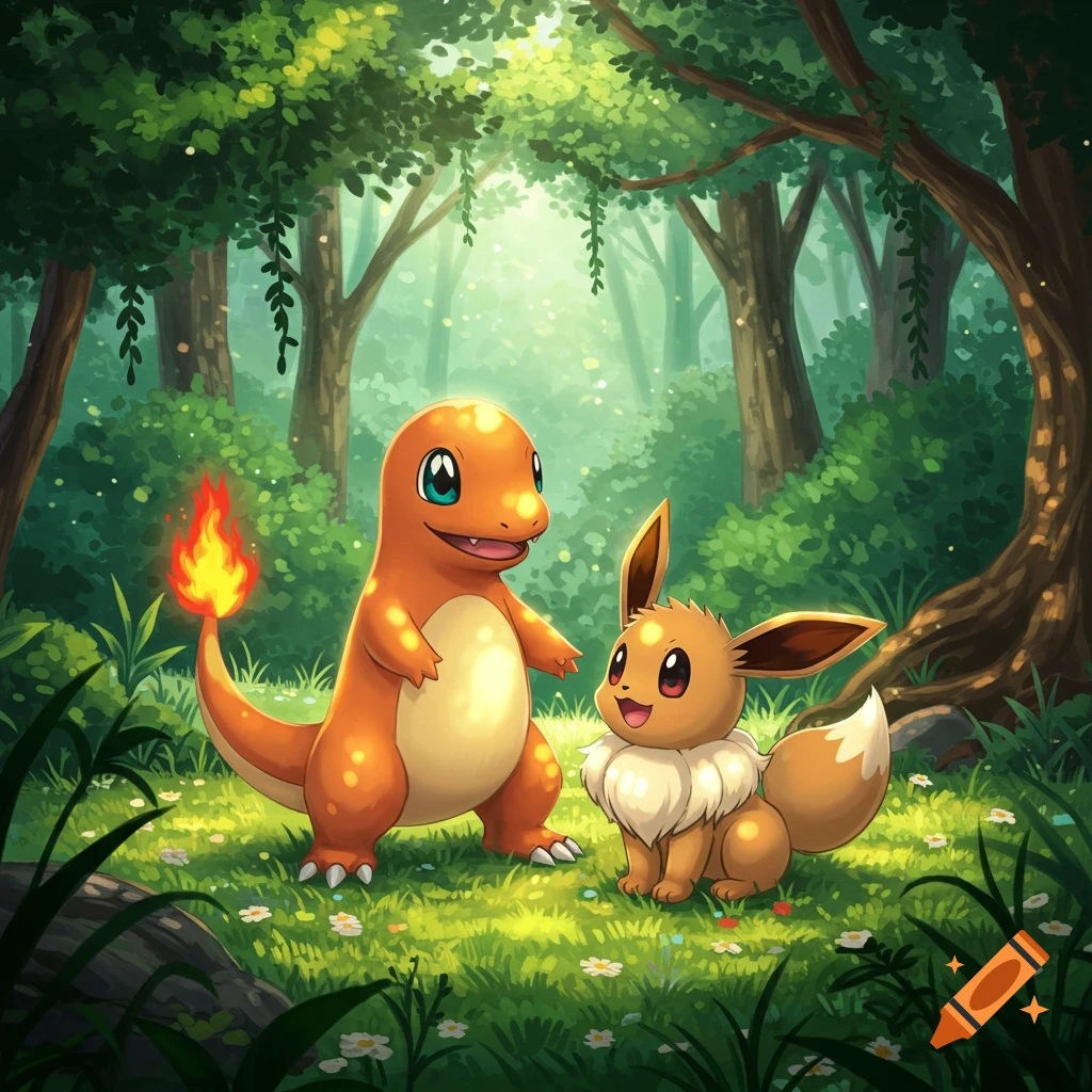 Charmander and Eevee stand together in a vibrant, sunlit green forest with trees and small white flowers, illustration.