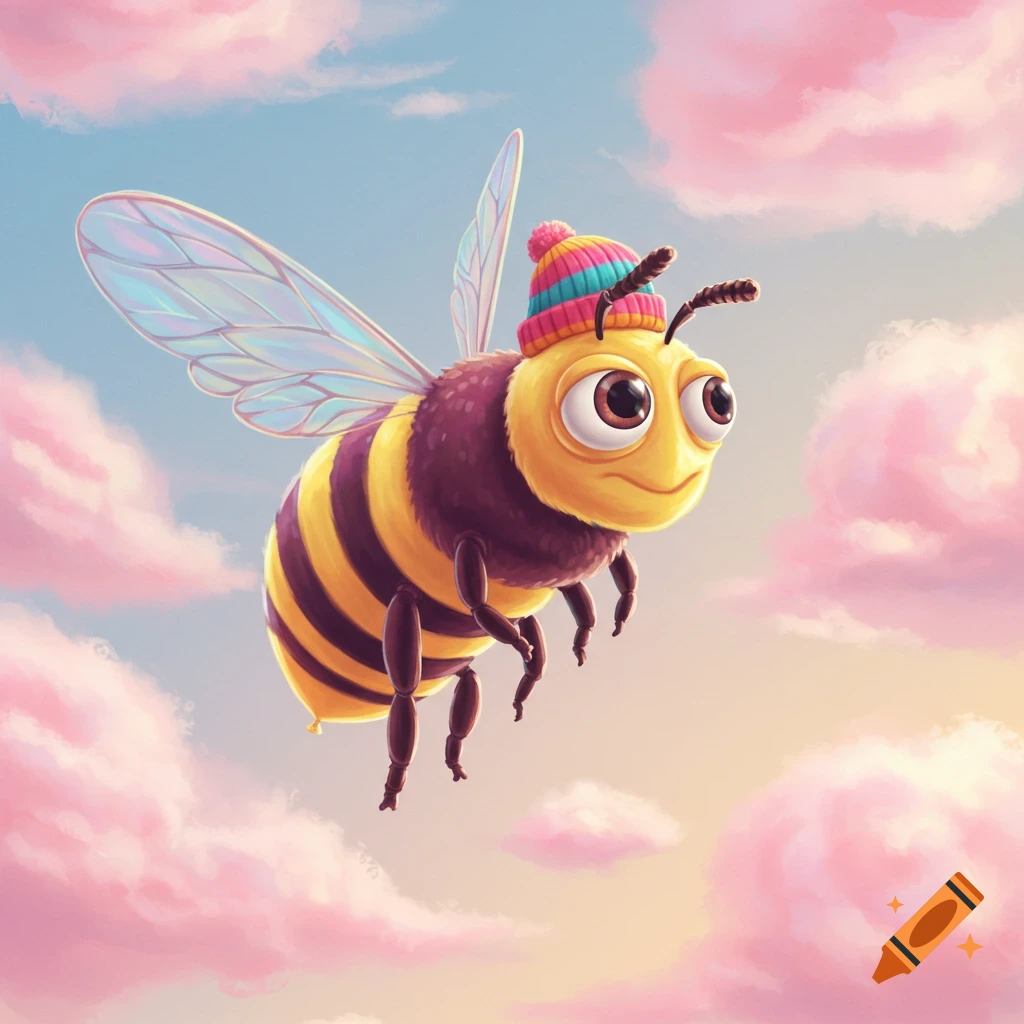 A cute, cartoon bee with big eyes wearing a colorful striped beanie, flying in a sky with pink clouds.