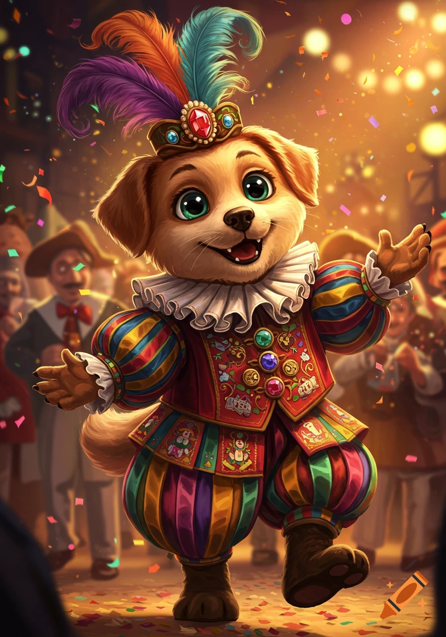 A cute cartoon dog in a vibrant, feathered carnival costume dances amidst confetti with a joyful expression.