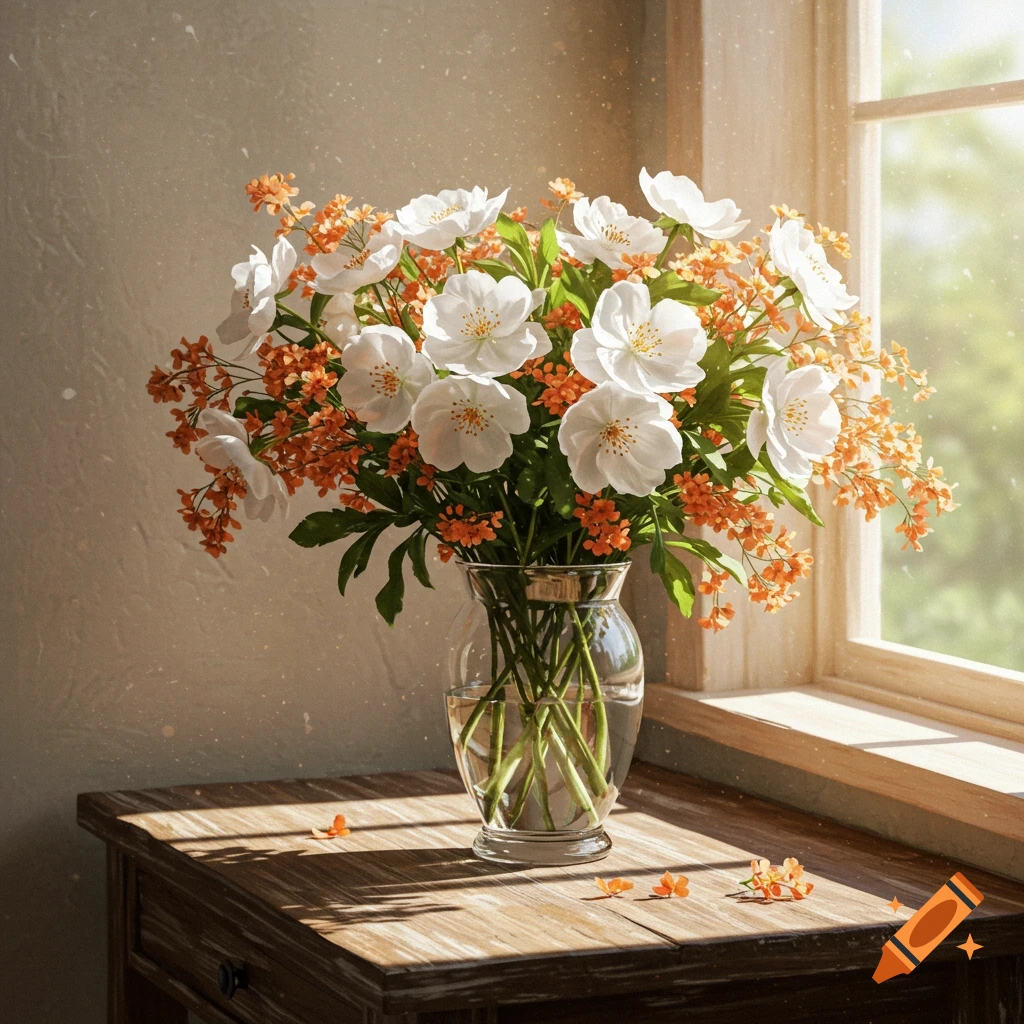 A beautiful bouquet of white and orange flowers in a glass vase on a wooden table by a sunlit window.