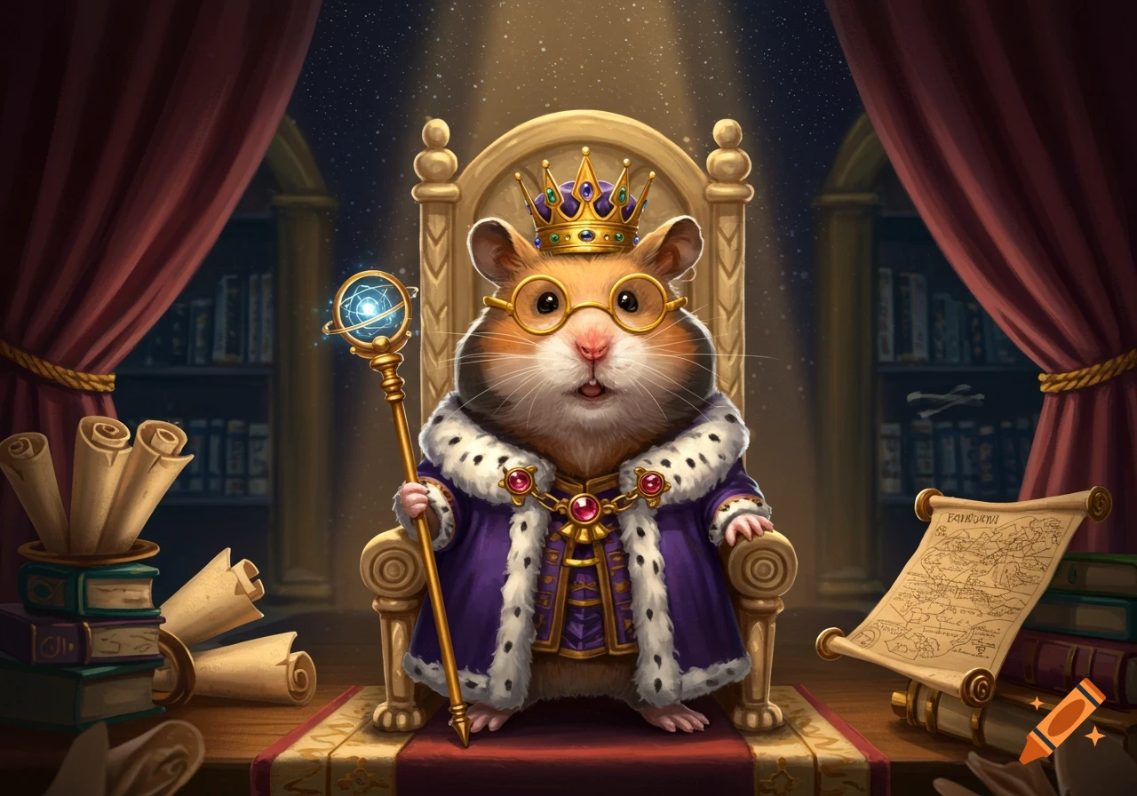 A regal hamster wearing a gold crown and royal purple and white robes sits on a golden throne, holding a glowing staff.