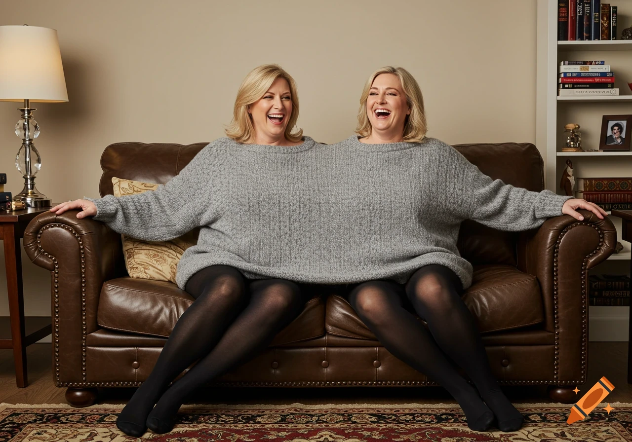 Two women in a large grey sweater create a conjoined illusion, sitting on a brown sofa and laughing.
