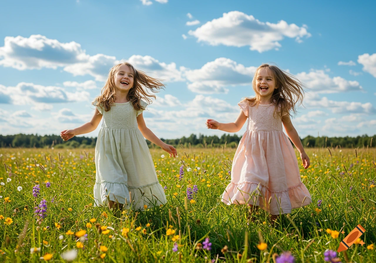 Two joyful young girls running and laughing in a sunny wildflower field under a blue sky.