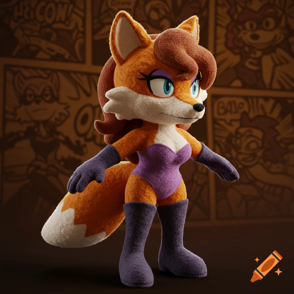 A plush toy of an anthropomorphic orange and white fox with brown hair, wearing a purple leotard, gloves, and boots, standing against a comic book panel background.