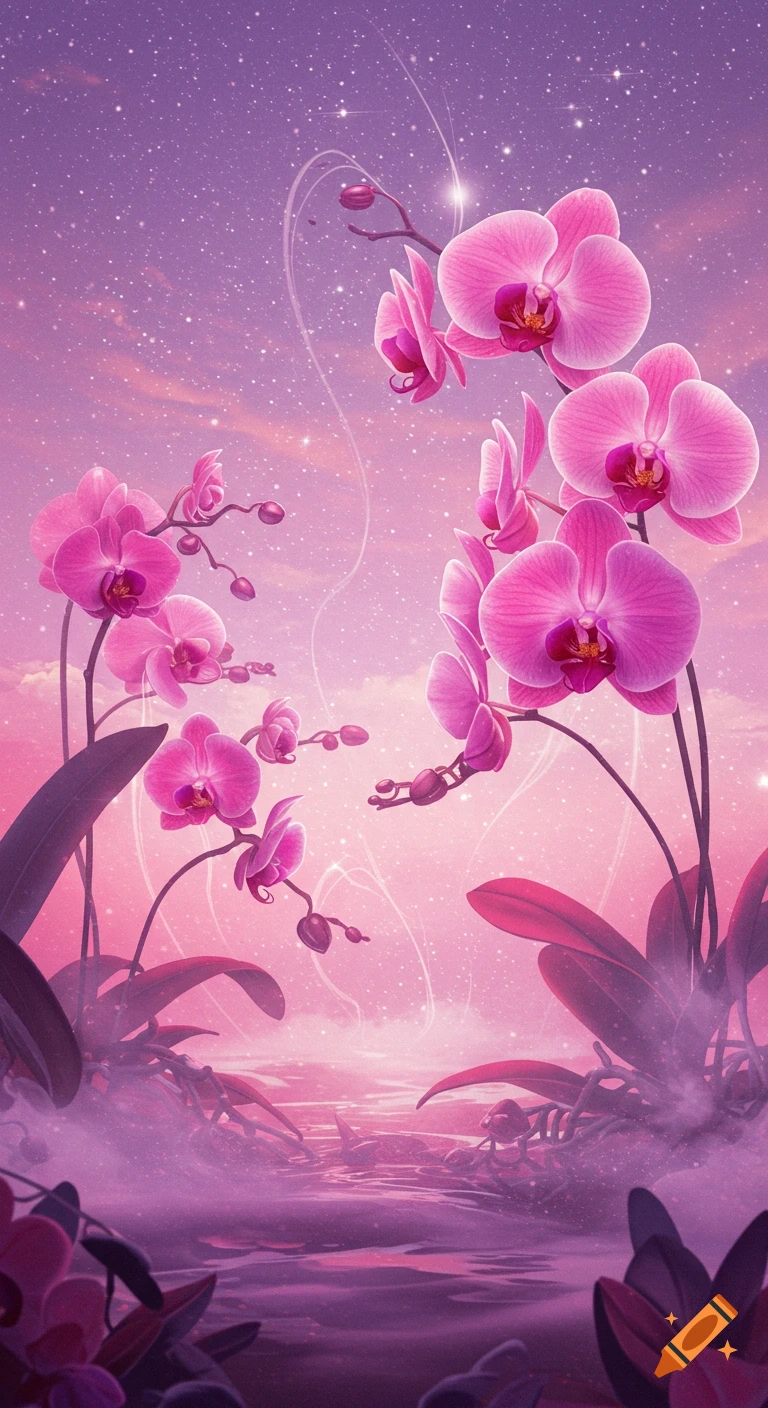 Dreamy pink and violet orchids bloom in a magical, starry landscape with a shimmering body of water below.