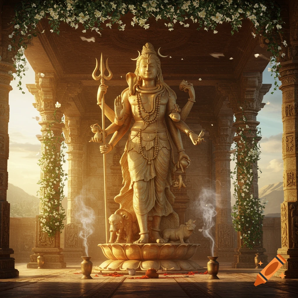 A golden sculpture of Shiva stands on a lotus base in an ornate temple with flowering vines and pillars, smoke rising from offerings.