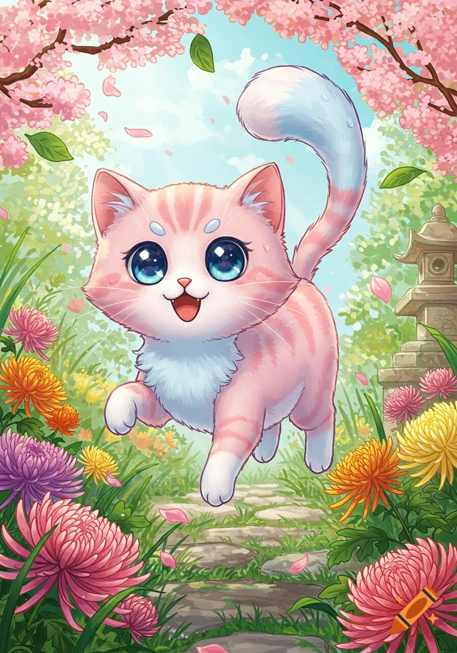 A cute pink tabby cat with big blue eyes runs through a vibrant anime-style cherry blossom garden with colorful chrysanthemums and a stone lantern.