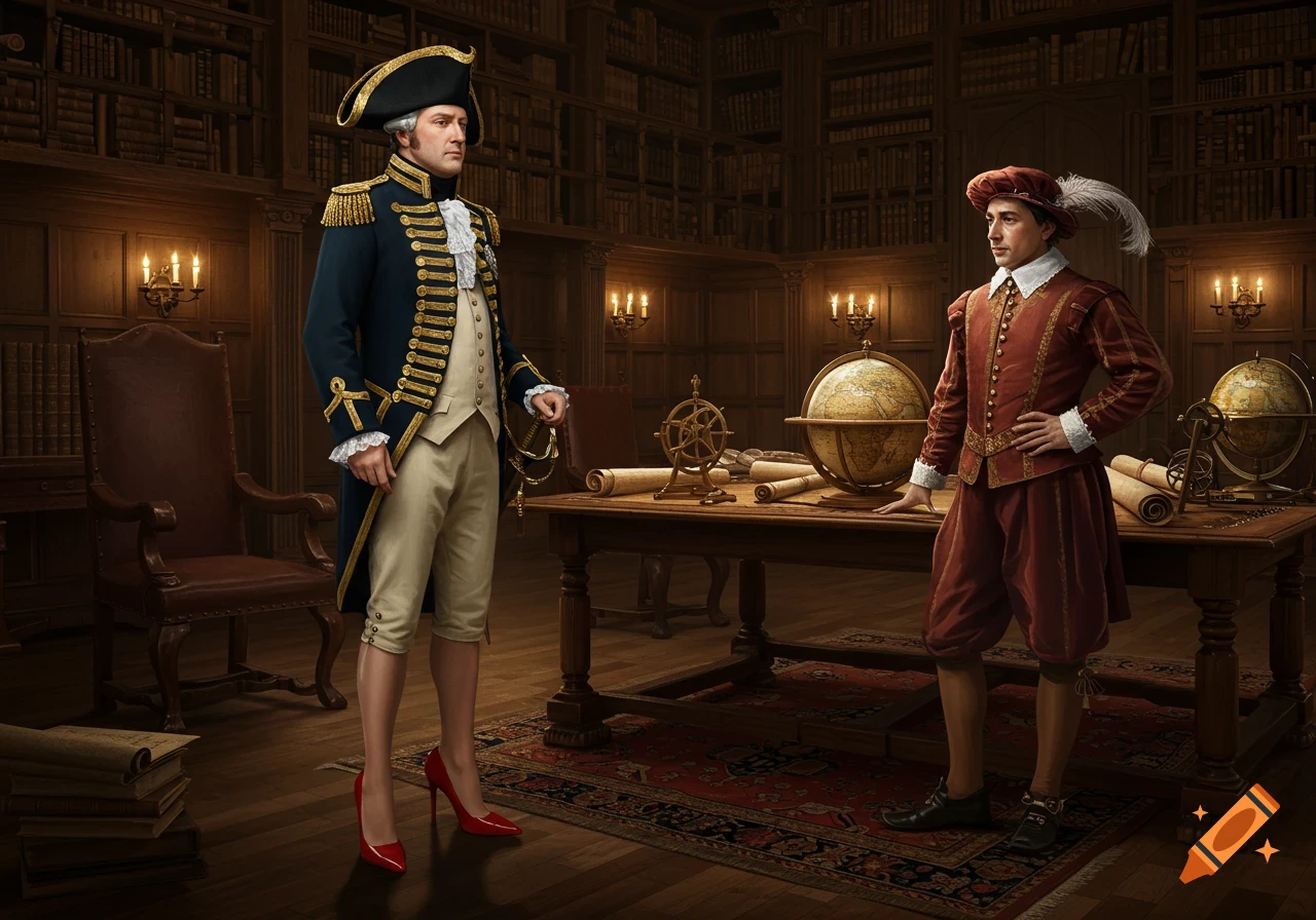 Two historical men in a grand library; one in a naval uniform and red stiletto heels, the other in red Renaissance garb.