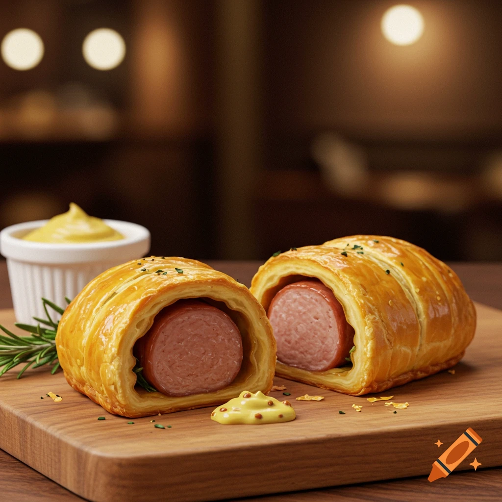 Close-up of two golden-brown sausage rolls, one cut in half revealing a cooked sausage, on a wooden board with mustard and rosemary.