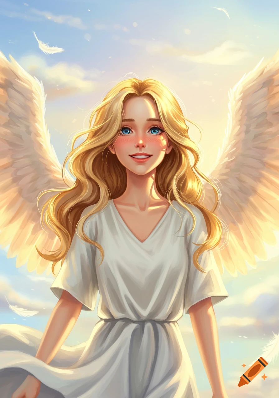 Anime-style angel woman with long golden hair, blue eyes, and white wings, smiling in a bright sky.