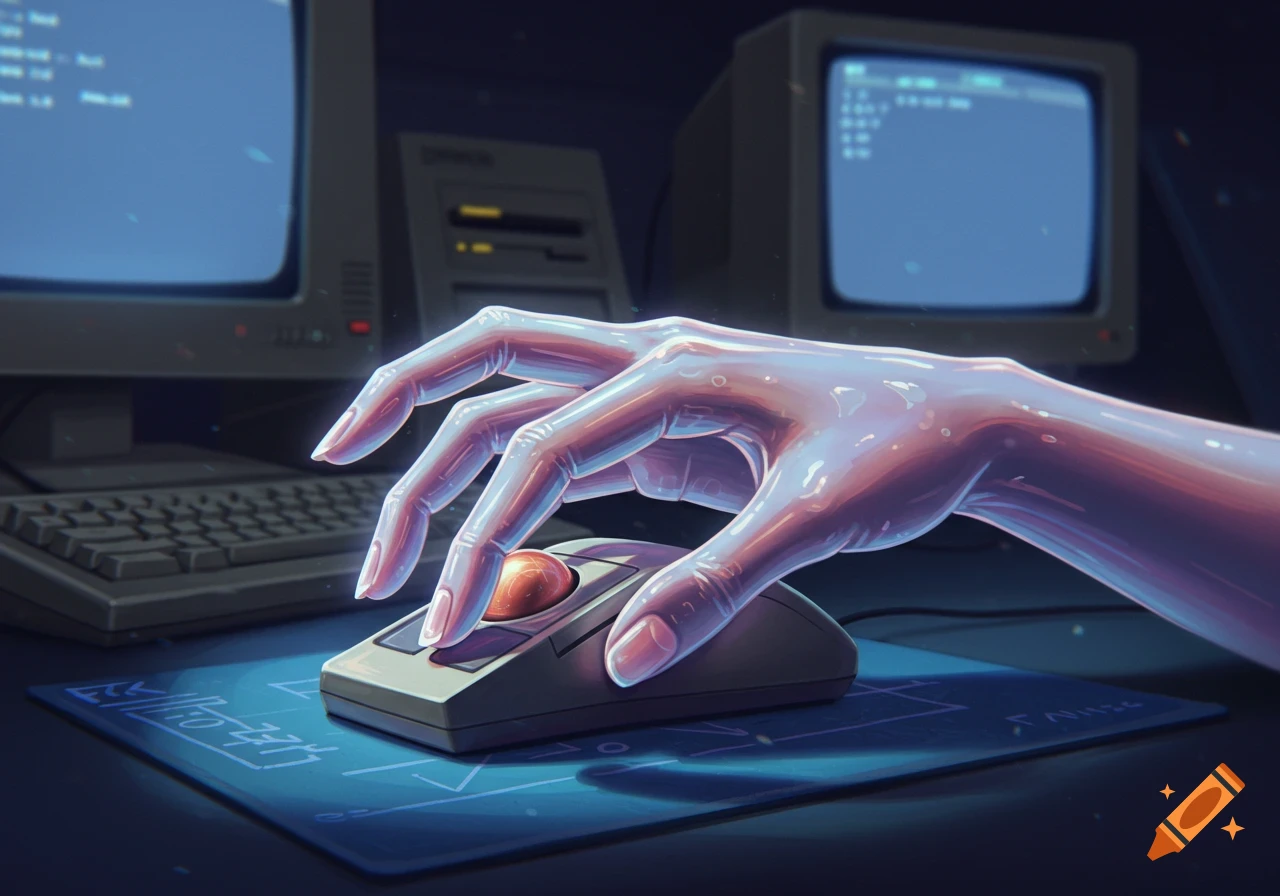 A translucent, long-fingered hand operates a retro trackball mouse, illuminated by light from old computer monitors displaying code.