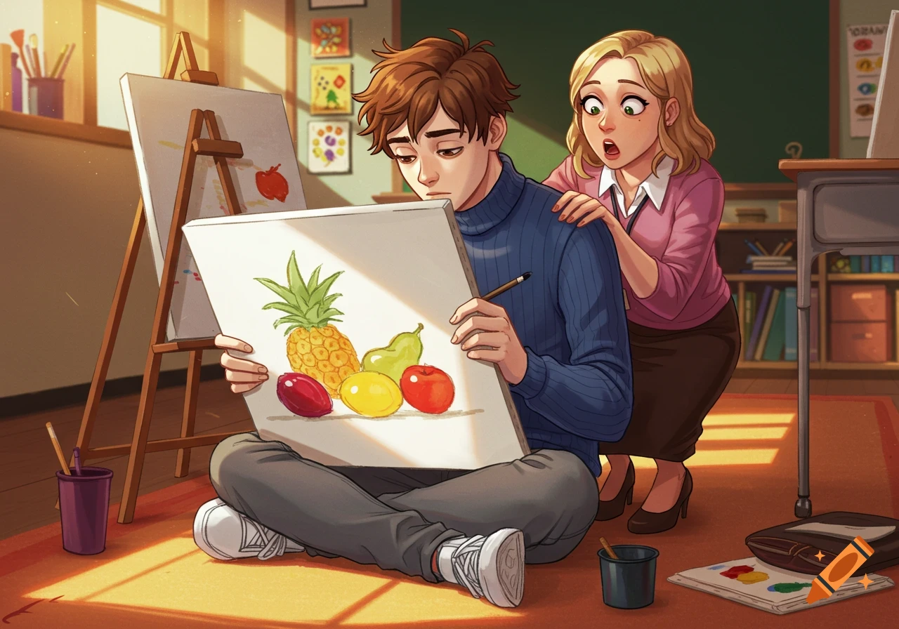 A male student drawing fruit on a canvas as a surprised female teacher looks over his shoulder in an art class, cartoon style.