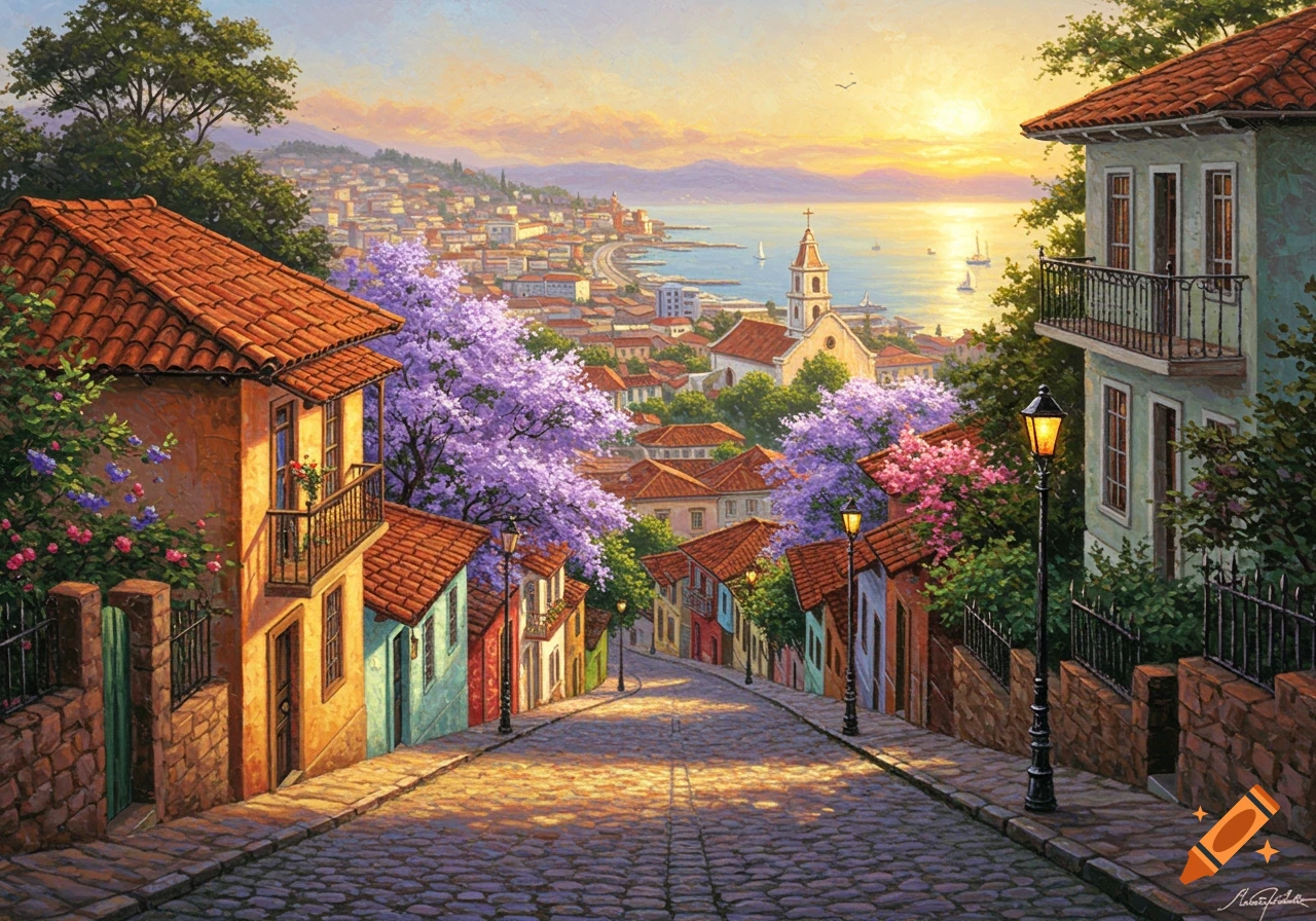 A vibrant painting of a sunlit coastal city with colorful houses, a cobblestone street, blooming purple trees, and a church overlooking the sea.