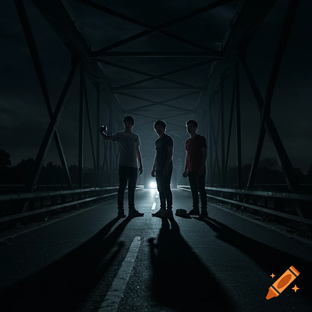 Three teenagers stand on a dark, wet metal bridge at night, backlit by approaching car headlights, casting long shadows. Cinematographic style.