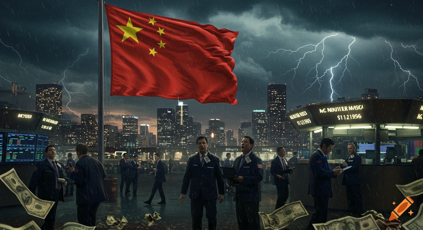 A large Chinese flag flies over a stormy financial cityscape with panicked American traders and dollar bills falling in the rain.