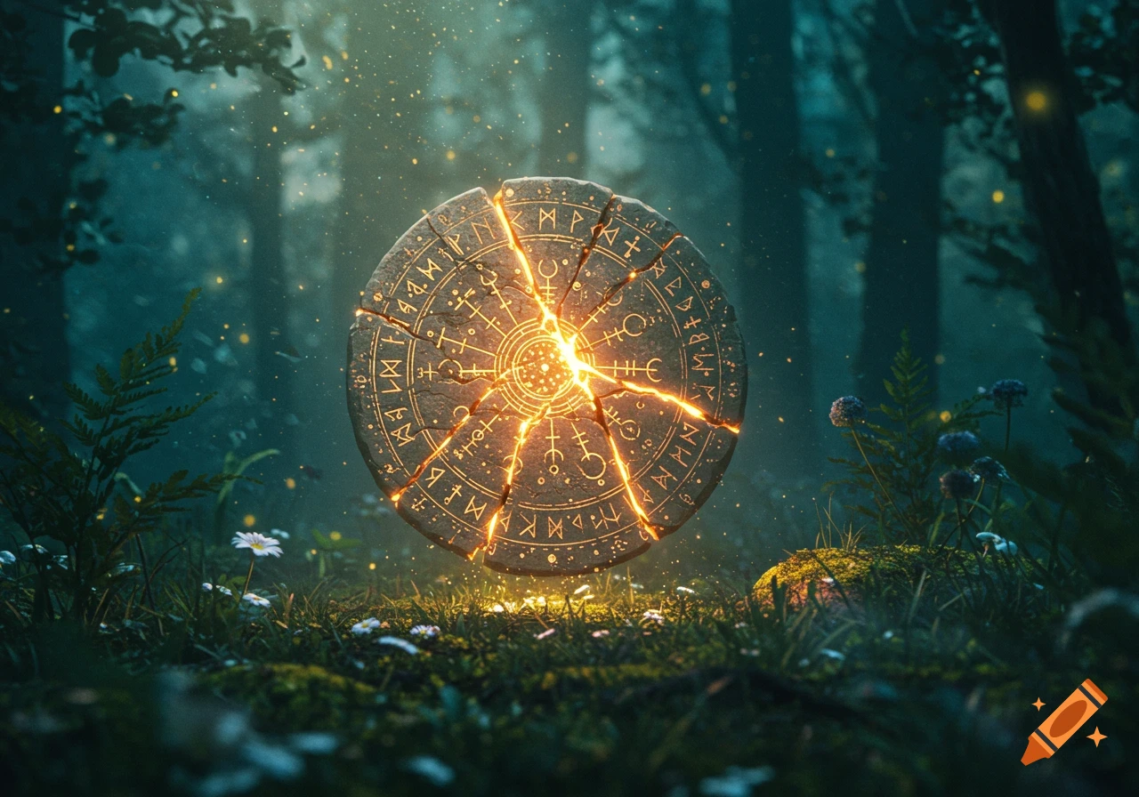 A glowing, cracked stone tablet with ancient runes floats in a mystical, dark forest with fireflies and sparse flowers.