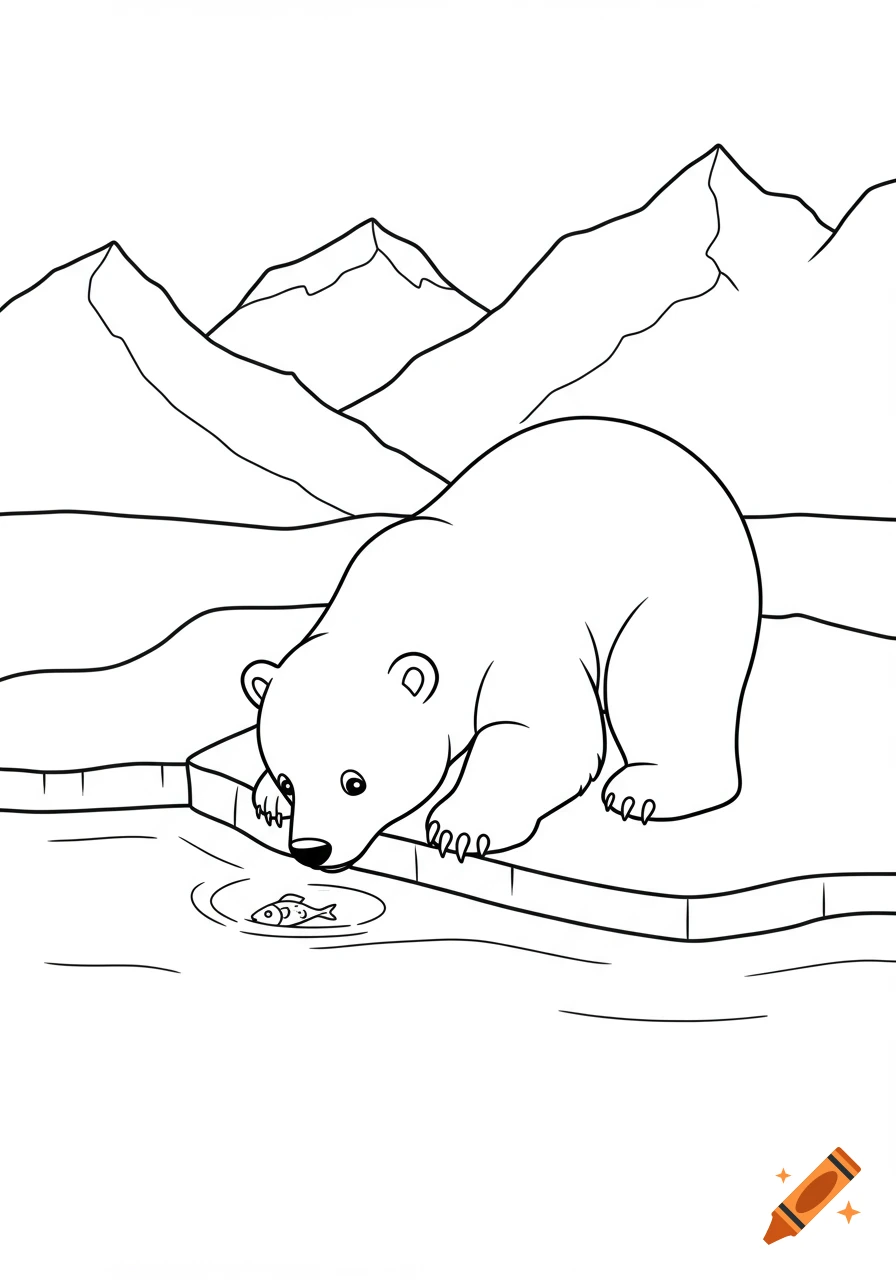 Black and white line art of a polar bear on an ice floe looking at a fish, with snowy mountains in the background.