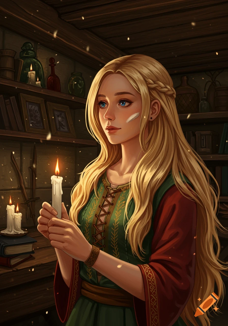 A young woman with long blonde hair, dressed in medieval attire, holds a lit candle in a rustic, dimly lit room. Digital painting.