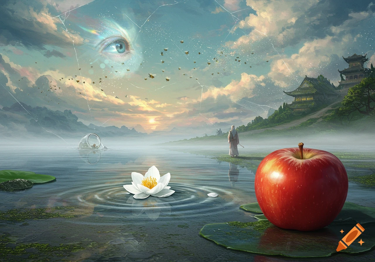 A surreal landscape with a giant eye in the sky, a monk by a lake, a red apple on a lily pad, and a white lotus flower.
