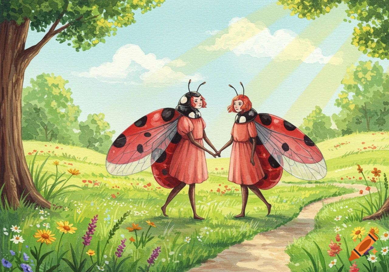 Two human-like ladybugs walk hand-in-hand on a path through a vibrant meadow filled with flowers, under a blue sky in a watercolor illustration.